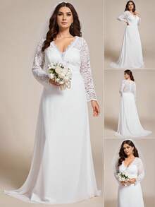 Vestido de novia elegante de talla grande con cuello en V, manga larga transparente, falda de cola de pez con parches de encaje, vestido de novia blanco para fiesta de solteros, novia, para el Día de San Valentín - Blanco - Ver 1