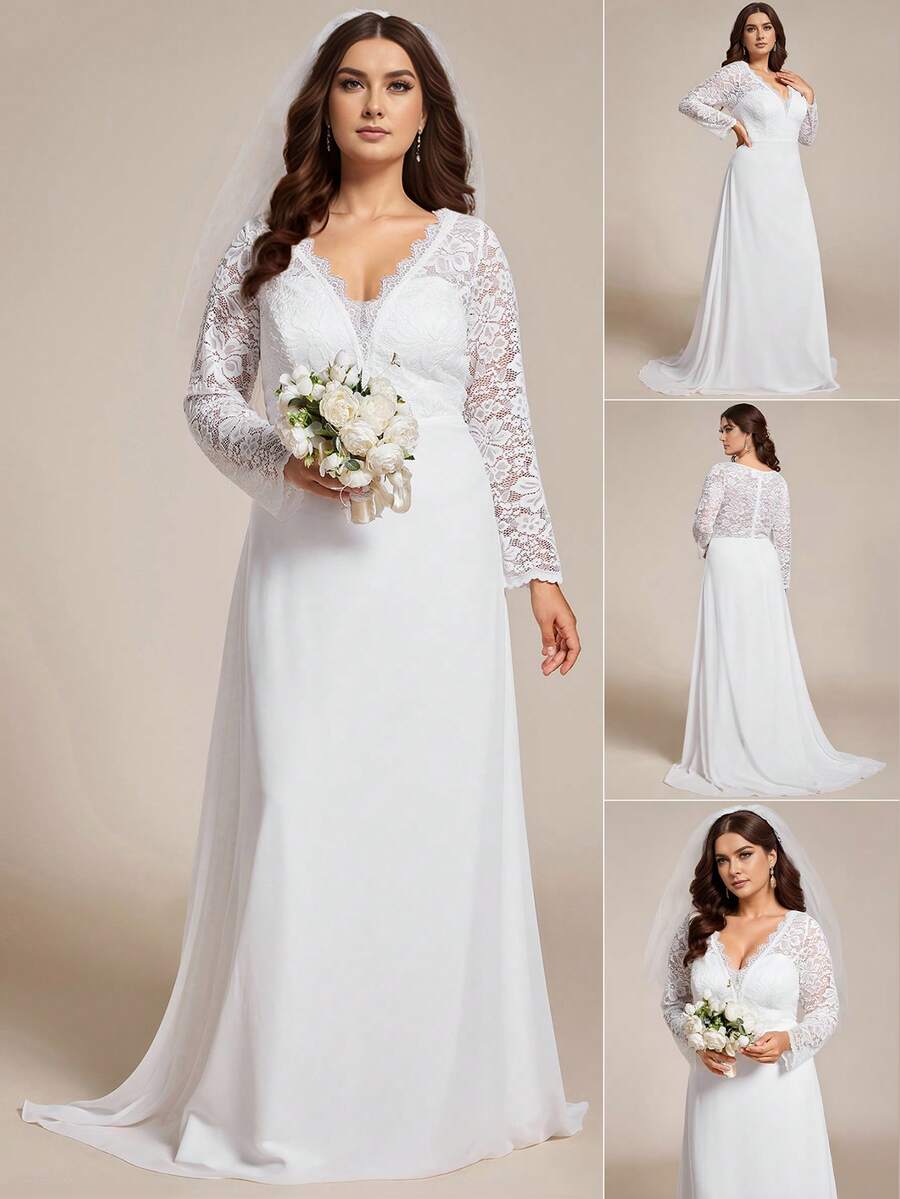 Vestido de novia elegante de talla grande con cuello en V, manga larga transparente, falda de cola de pez con parches de encaje, vestido de novia blanco para fiesta de solteros, novia, para el Día de San Valentín - Blanco - Ver 1