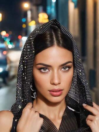 1 Peça Lenço de Cabeça Elegante com Design de Rede Vazada e Brilho de Strass. Xale de Malha de Strass, Xale de Ombro. Faixa de Cabelo Elástica. Acessório Nupcial Bonito. Toucado Estiloso. Adequado para Uso Diário de Senhoras, Baile, Casamento, Festa, Uso Diário.