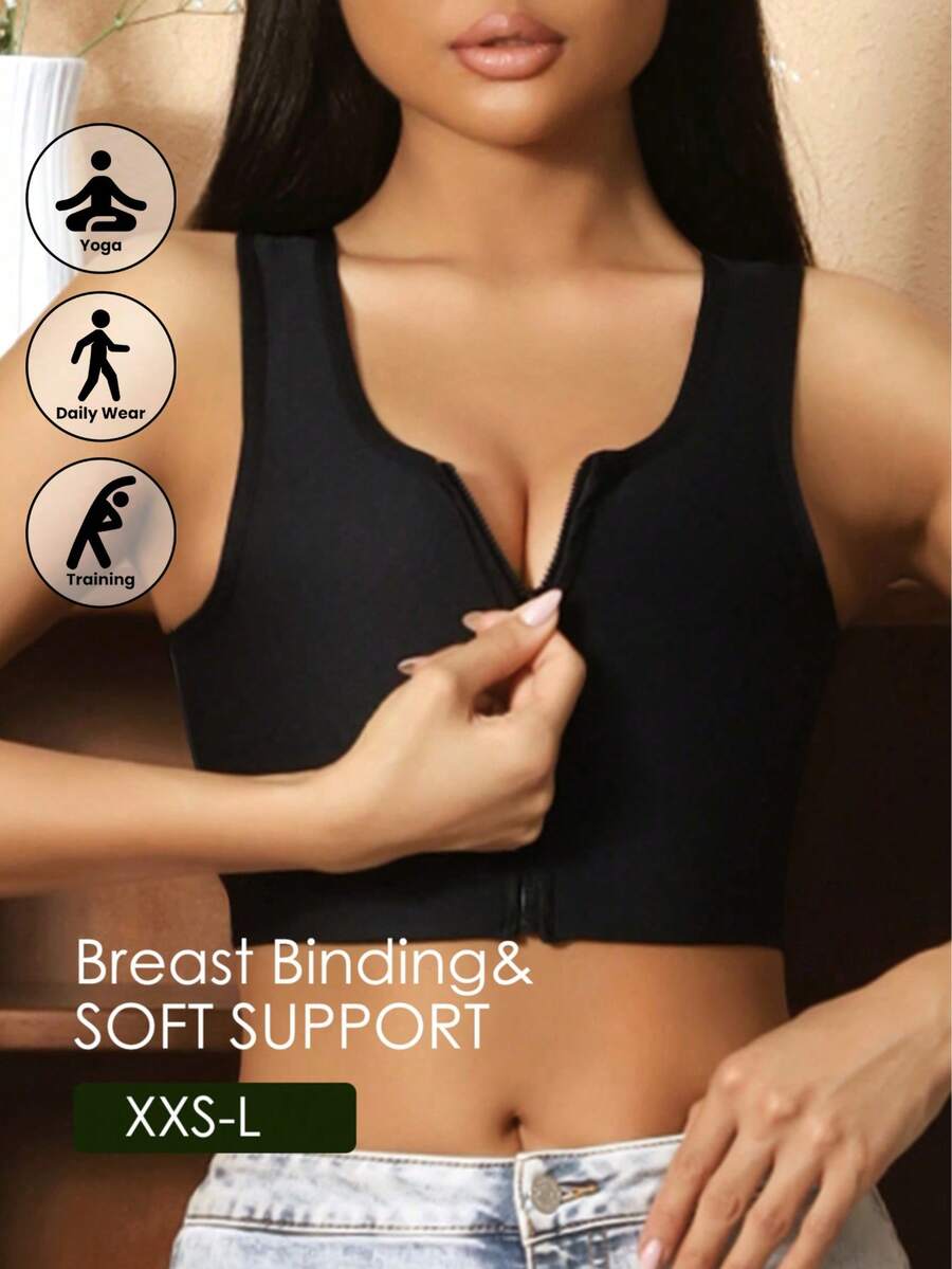 Sujetador de compresión con cremallera delantera para yoga, bralette sin costuras transpirable de taza delgada para pechos pequeños, verano, lencería - Negro - Ver 1