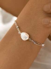 1 pulseira com pingente de pérolas de água doce natural simples e elegante de prata esterlina 925, acessório de moda refinado adequado para uso diário ou ocasiões especiais, joia feminina para presente