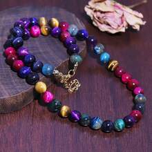 1pc Bohemian Style Multicolored Natural Tiger's Eye Round Bead Necklace - Perfect For Every Occasion Ideal For Fashion-Forward Women - Colorful Stone - View 4