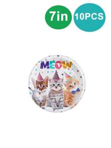 10 قطعة طقم أطباق وأكواب ومناديل حفلة عيد ميلاد القط، أطباق ذات استخدام واحد، لتزيين حفلات أعياد ميلاد ذات موضوع القط