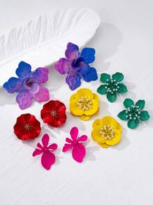 Set de 5 pares de pendientes de botón con diseño exagerado de flores y colores de dopamina, pendientes creativos y de moda adecuados para uso diario y de fiesta de mujeres, colores aleatorios
