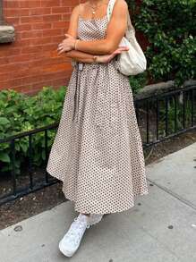 Womens Bow Long Dress Summer Sleeveless Spaghetti Strap Stripes/Dots Print Dress Flowy Dress