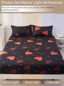 2/3pcs Printed Fitted Sheet Set, Bedding, Bed Sheets Set, Christmas Decorations, Soft And Comfortable Bedding, Skin-Friendly Bed Cover Set, Hallowen Decor, Fall Decor, Mattress Protector For Bedroom, Room Decor, For All Season, Fits Twin Full King Queen Size Bed, 1 Fitted Sheet And 2 Pillowcases, Machine Washable - 黑色愛心 - 查看 8