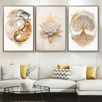 3 件装饰艺术帆布海报现代生命之树和莲花版画室内墙面艺术画可选画框