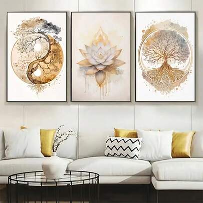 3 件装饰艺术帆布海报现代生命之树和莲花版画室内墙面艺术画可选画框