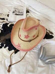 New Outdoor Beach Hats, Sun Hats, Men's And Women's Spray-Painted Five-Pointed Star Denim Straw Hats