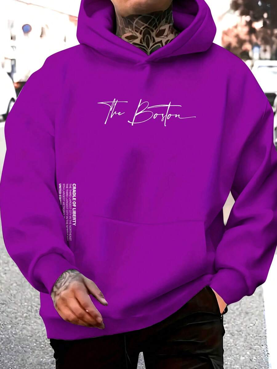 The Boston Men's Cotton Unisex Flannel Kangaroo Sweatshirt - 紫色 - 查看 1