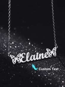 Customized Double Butterfly Name Necklace, Stainless Steel Personalized Name Pendant Necklace Accessory, Birthday Gift For Her