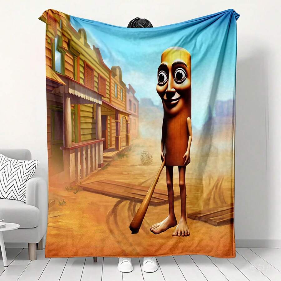 1PC Parody "Tungtungtung Sahur" Printed Flannel Wool Blanket, Machine Washable, Soft And Smooth, Digitally Printed, Knitted Fabric, 100% Polyester Fiber, Suitable For Napping, Camping, Sofas, Beds, Travel, Ideal Gift For Friends And Brothers - Multicolor - View 1