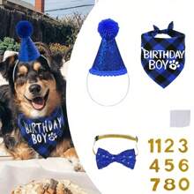 Dog Birthday Hat With Number Bandana Bow Tie Collar Washable Pet Costume Set For Puppies Kittens Dwarf Rabbits Color Blocking Fashion Dog Birthday Decorations Apparel Outfits
