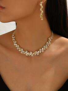 Women Jewelry Set Necklace Earrings 3pcs Geometric Pattern Party Elegant Bridal Wedding Accessories Valentine's Day Accessories - Gold - View 2