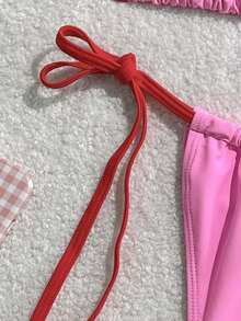 Women's Pink Embellished Trim Two-Tone Fabric Fashion Elegant Adjustable Halter Bikini Top And Adjustable Triangle Bottoms, Cute For Spas, Beach, Vacation Swimming Bikini Set