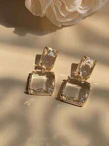 1 Pair French Vintage Geometric Square Clear Earrings For Women Fashion Exaggerated Temperament Party Earrings - 黃色 - 查看 9