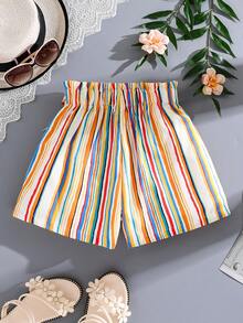 青少年女孩彩虹条纹休闲假裙，夏季轻便舒适透气户外度假沙滩裙短裤带蝴蝶结装饰，儿童夏季服装 - 彩色 - 查看 2