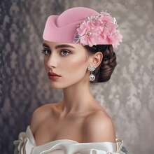 Women Pillbox Hat With Flowers Vintage British Style Derby Hats Felt Berets Fascinators Caps For Church Tea Party - 粉色 - 查看 4