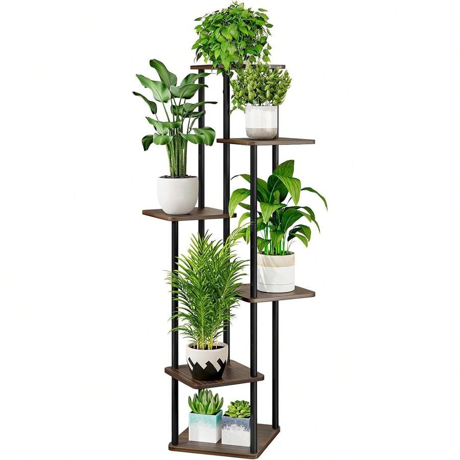 Plant Stand 5 Tier Indoor Metal Flower Shelf For Multiple Plants Corner Tall Flower Holders For Patio Garden Living Room Balcony Bedroom, Black (5 Tier-Black) - 6層-黑色+黑橡木 - 查看 1