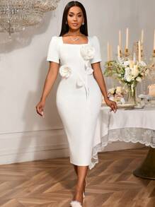 Vestido de novia blanco ajustado de la novia con cuello cuadrado, mangas cortas y flores 3D para duchas nupciales, fiesta de boda, vestido de graduación para mujeres, atuendo para citas, fiestas, vestido de novia, vestido de dama de honor, vestido de graduación, invitado de boda