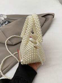 1pc Fashionable Elegant Pearl Knit Handbag With Shoulder Strap, Chic Design - A - View 5