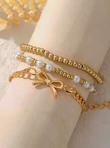Conjunto de 3 pulseiras elásticas elegantes com pérolas românticas francesas e laços, pulseiras vintage multicamadas versáteis para mulheres, ideais para o verão, festas, encontros, feriados, combinação diária, presente