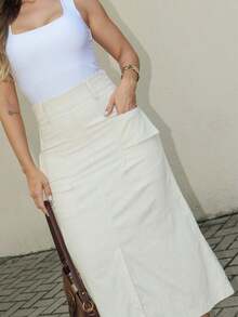 LLANA MODA Saia Reta Linho Feminina Bolso Elegante Frontal Com Forro - Bege - Visão 5
