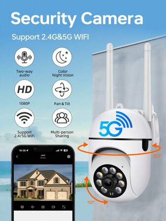 1PC 2MP HD 1080P Dual Band 2.4G/5G Wifi Outdoor Indoor Security Cameras, Wireless WIFI Cameras, Cctv Surveillance Cameras, IP Cameras, PTZ Cameras,Automatic Tracking, Color Night Vision, Home Network Camera System Supports Two-Way Voice, Motion Tracking,Human Detection