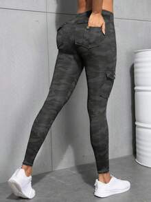 Damkläder med kamouflagetryck, sportyogaleggings, multi-pocket casual fitness skinny byxor och tights - Grå - Visa 6