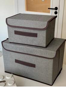 2 件大号桌面收纳盒，织物整理箱，适用于宿舍衣物、玩具、书籍、零食及杂物，亚麻可折叠储物箱，家用 - 灰色 - 查看 1