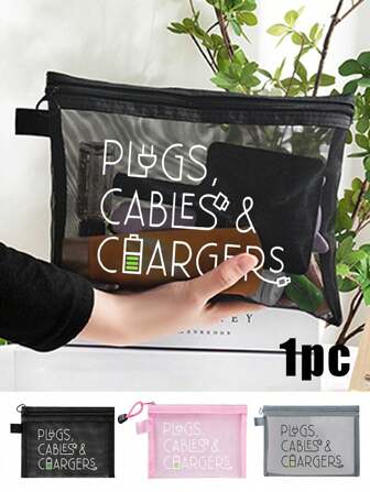 Functional And Clear Design: This Bag Features A Transparent Front, Allowing You To Easily See And Access Your Plugs, Cables, And Chargers Without Any Hassle. The Bold, White Text "PLUGS, CABLES & CHARGERS" Is Prominently Displayed, Serving As A Clear Reminder Of Its Purpose. Available In Sleek Black, Charming Pink, And Neutral Gray, It Caters To Different Style Preferences.