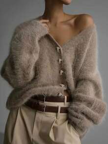 Elegant Lady Casual Fashionable European Style Versatile Knitted Cardigan Sweater, Comfortable Long Sleeve Plus Size Sweater Outerwear