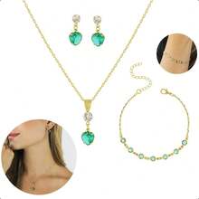 Gold Semi-Jewelry Kit Green Heart Necklace Bracelet - Elegance, Shine And A Romantic Touch In A Single Set! - 綠色 - 查看 3
