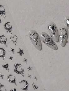1pc Silver Melting Heart Moon Star Nail Art Stickers, 2000s Style Nail Decals, DIY Nail Decoration, Friend Gift. Apply On Nails, Then Top With Clear Nail Polish Or Sealant For Longer-Lasting, Beautiful Nails.