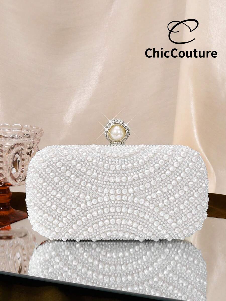 Geantă de seară elegantă, versatilă, cu perle artificiale, model picătură de apă, tip mini-clutch pentru femei, geantă de seară rafinată, geantă de petrecere retro de lux cu cristale, potrivită pentru nunți romantice, gale, baluri, petreceri formale de Crăciun, vine cu lanț