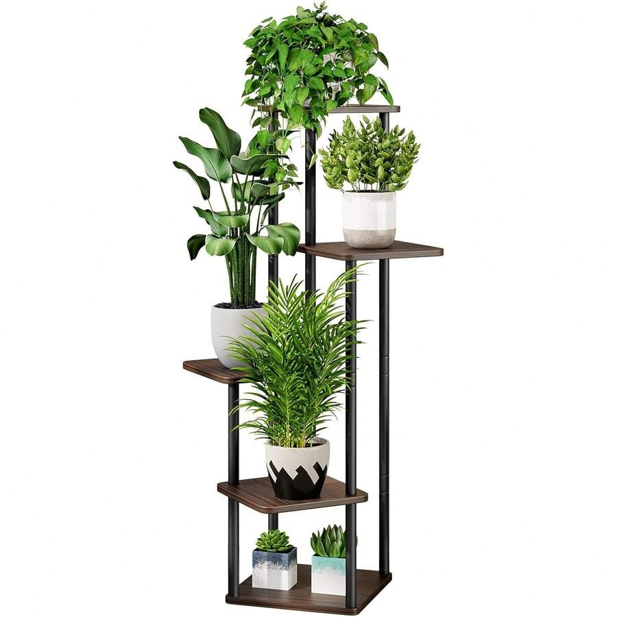 Plant Stand 5 Tier Indoor Metal Flower Shelf For Multiple Plants Corner Tall Flower Holders For Patio Garden Living Room Balcony Bedroom, Black (5 Tier-Black) - 5層-黑色+黑橡木 - 查看 1