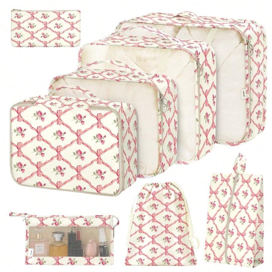 8-Piece Packing Cubes,Travel Clothes Storage Bags,Luggage Packing Organizers, Foldable, With Zipper, Shoe Tidy Pouch , For Suitcases, Back To School, Travel, Vacation Essentials, Travel Accessories,Pack Your Luggage With Ease - 蝴蝶結花 - 查看 1