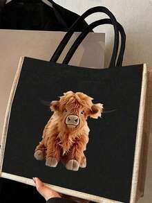 牦牛主题亚麻手提袋套装，黑色亚麻手提袋配黄色滚边，另附黑色零钱包，适合日常购物、手提、个性化礼品包装、旅行，是假日、周末、婚礼、生日、海滩、度假的理想之选，也是送给女性、母亲、教师、朋友以及开学季的绝佳礼物。