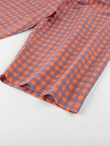 2pcs/Set Women's Pajamas Loungewear, Open Front Lace Patchwork Plaid Print Short Sleeve Top, 3/4 Length Pants With Ruffle Hem, Comfortable For Home Wear - Coral Orange - View 11