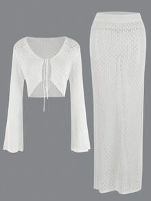 Sexy Knit White Cut Out 2 Pcs Set 2025 Women's Summer Bell Sleeve Lace-Up Loose Top Beach Vacation Half Skirt Two Pieces - White - View 2