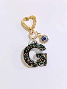 1pc Laser Black Shiny Resin A-Z Initial Keychain, With Devil Eye And Heart Keyring Bag Charm Pendant, Party Favor, Suitable For Holiday Gifts To Friends