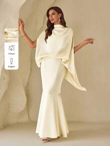 زي فستان عبارة عن قطعتين للمرأة سوليد كول حيث يرتكب من ملابس علوية بأكمام على شكل أجنحة الخفافيش وتنورة قصيرة بذيل السمكة - لون مشمشي - مشاهدة 5