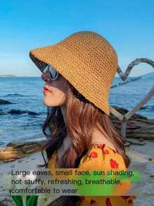 1pc Women's Khaki Wide Brim Straw Hat, Fashionable Retro Large Brim Beach Sun Protection Woven Hat For Summer - Multicolor - View 5