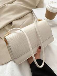 Fashion Versatile Casual Crocodile Embossed Flap Shoulder Bag - White - View 2