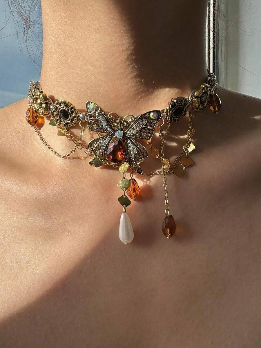 1 件复古做旧金色蝴蝶和花朵锆石颈链，适合女士派对珠宝和日常佩戴 - 彩色 - 查看 1
