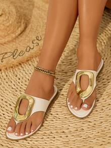 Damen weiße Flache Sandalen, Rundkappig, Mode & Komfort, Metall Dekor, Slip-On Lässig Pantoffeln - Weiss - Übersicht 2