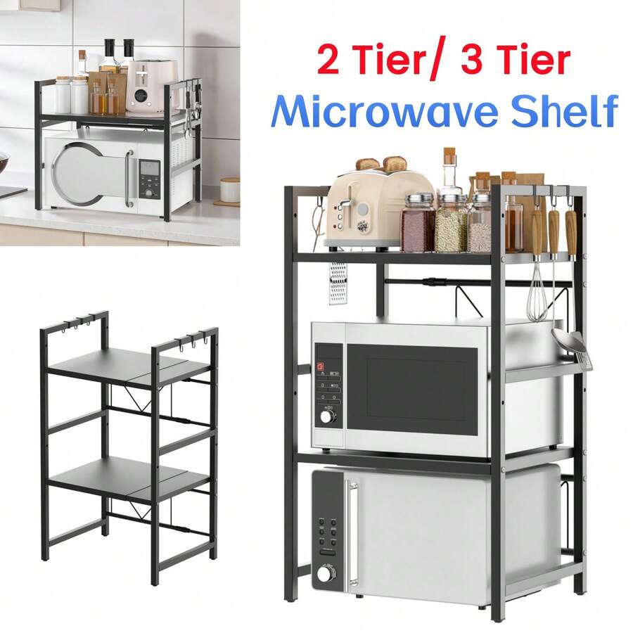 AutoFu 2/3 Tier Expandable Microwave Oven Rack Stand, Kitchen Storage Holder With 6 Hooks, Kitchen Utensils Tableware Storage, Accessories Storage -Perfect For Countertops - 3 Tier - View 1