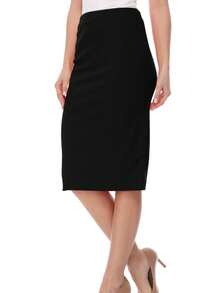 Elastic High Waist Stretch Comfy Office Work Wear Solid Midi Skirt S-3XL  Plain  Elegant  Casual    Zipper  Split      Office  Home - màu đen - Xem 2