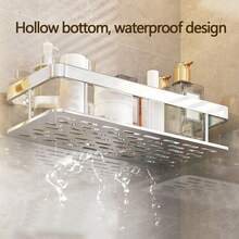 1入組金邊浴室儲物架,鋁製儲物筐,自粘式掛牆架,配有吊鉤,適用於盥洗用品、淋浴間、洗手間(不需要鑽孔) - 金色邊框款 - 查看 2