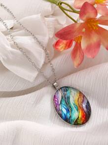 1 pièce Collier pendentif ellipse ciel étoilé coloré, accessoires de mode pour femmes, porter au quotidien et cadeau, été